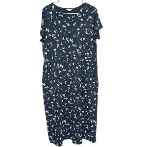 J. Jill Wearever Collection Midi Dress Womens Large Petite Navy Pink Floral Knit